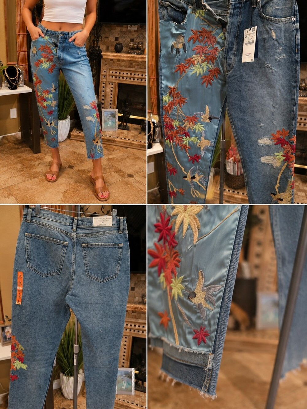 Zara Premium Denim Embroidered Bird Satin  Cropped Jeans - NWT, 40 /8